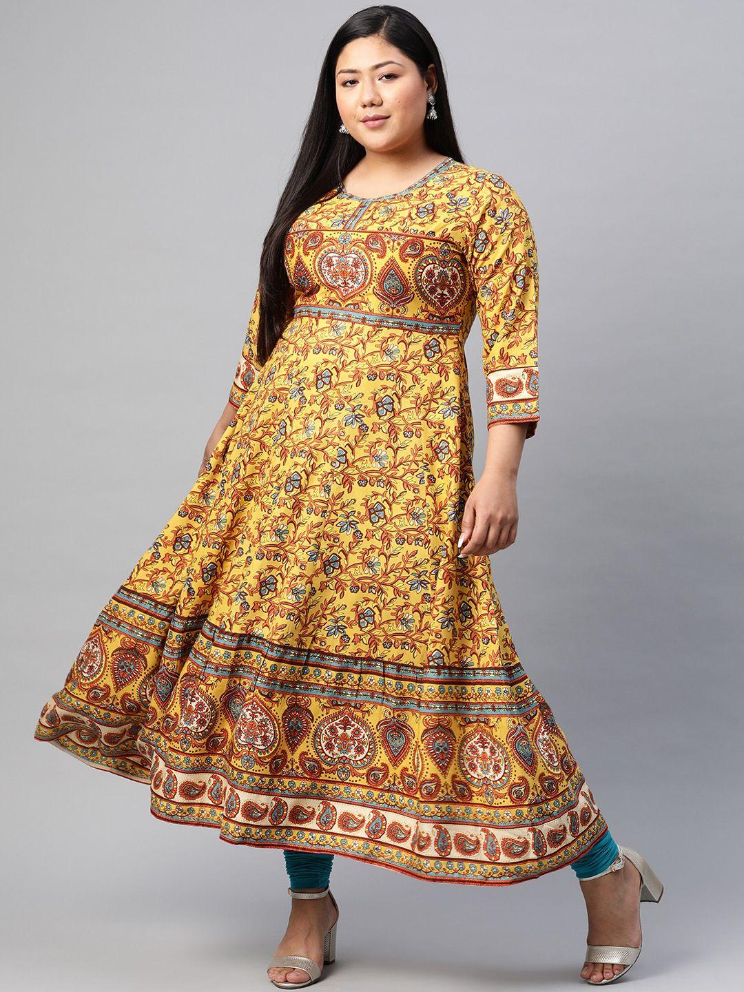 yash gallery women plus size mustard yellow & brown ethnic motifs printed kurta