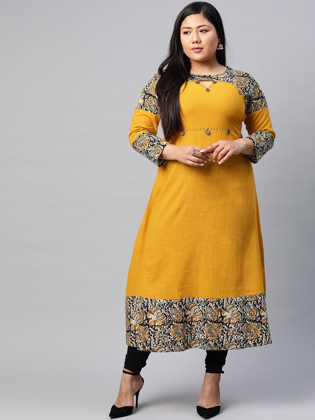 yash gallery women plus size mustard yellow ethnic printed detail keyhole neck kurta