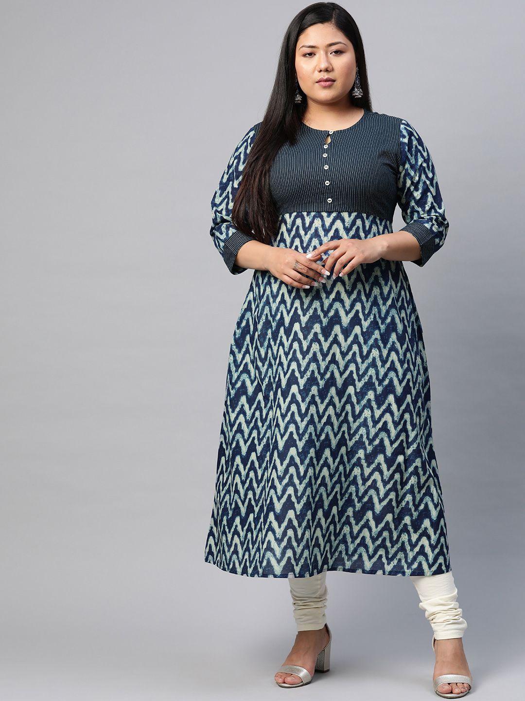 yash gallery women plus size navy & off-white printed a-line kurta