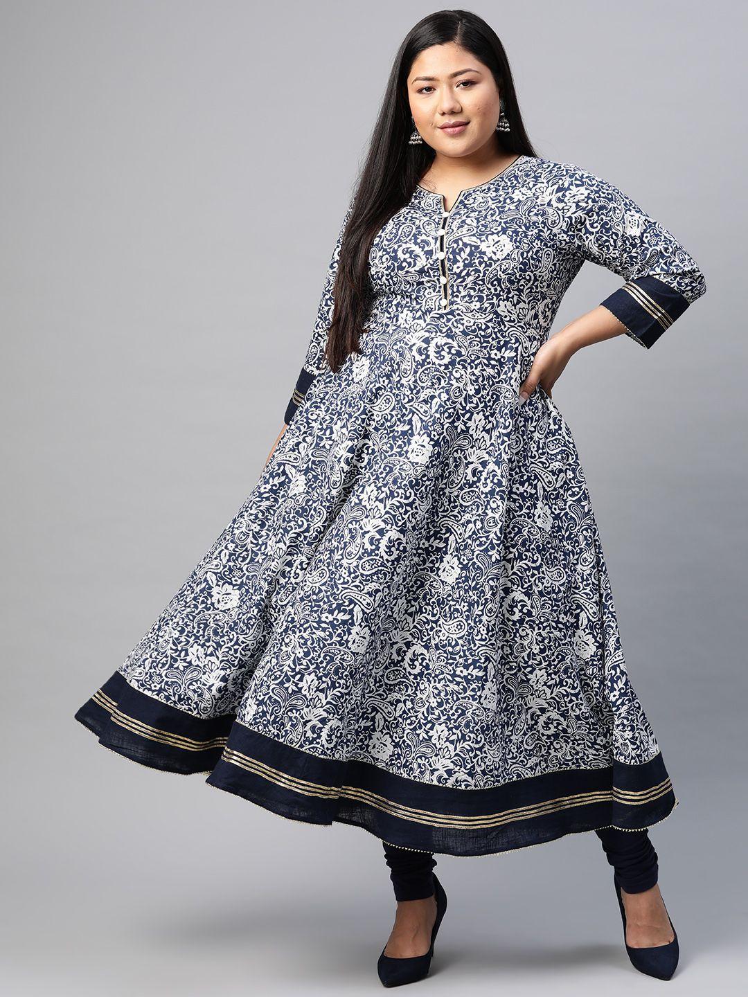 yash gallery women plus size navy blue & white printed anarkali kurta