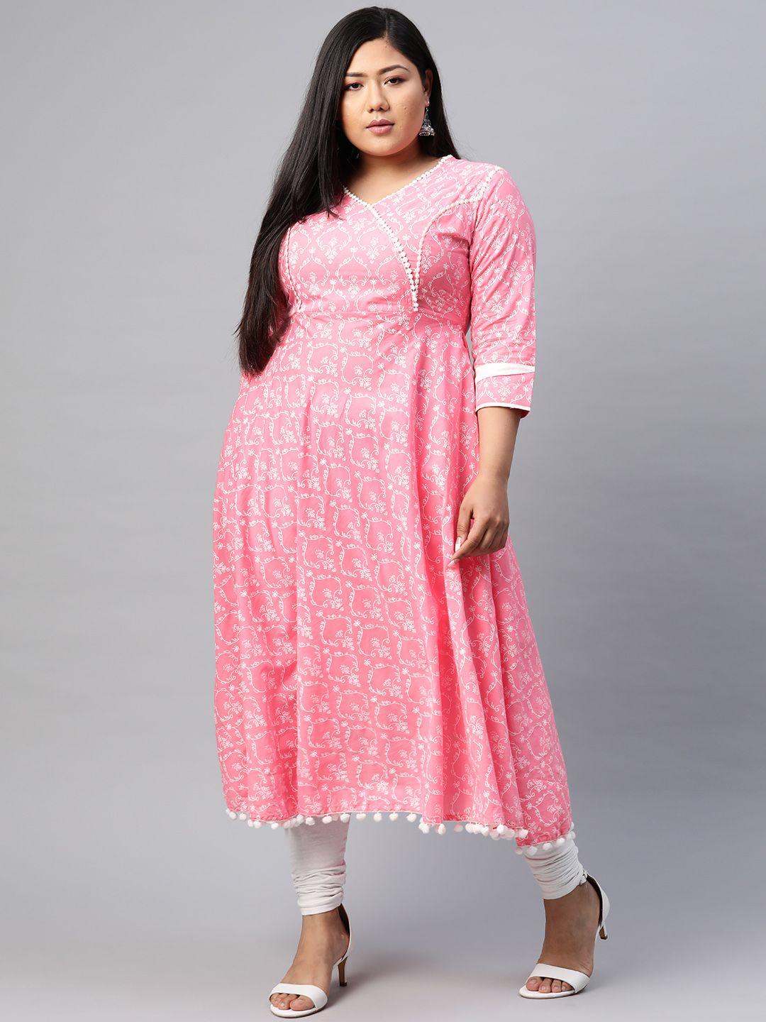 yash gallery women plus size pink & white ethnic motifs printed angrakha anarkali kurta