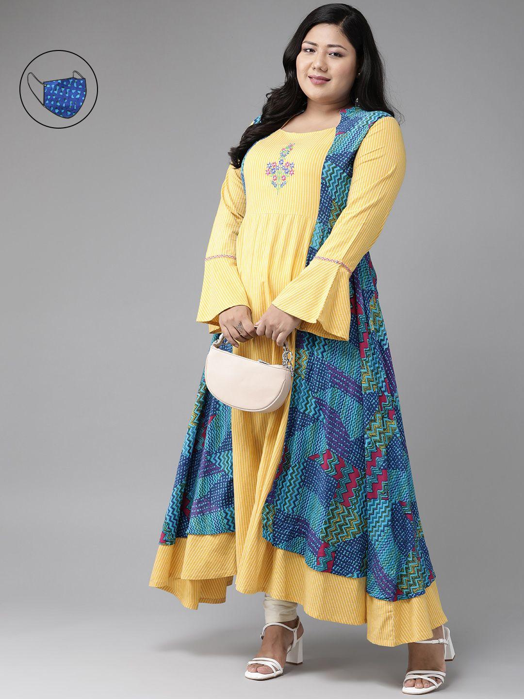 yash gallery women plus size yellow & blue printed anarkali kurta with mask