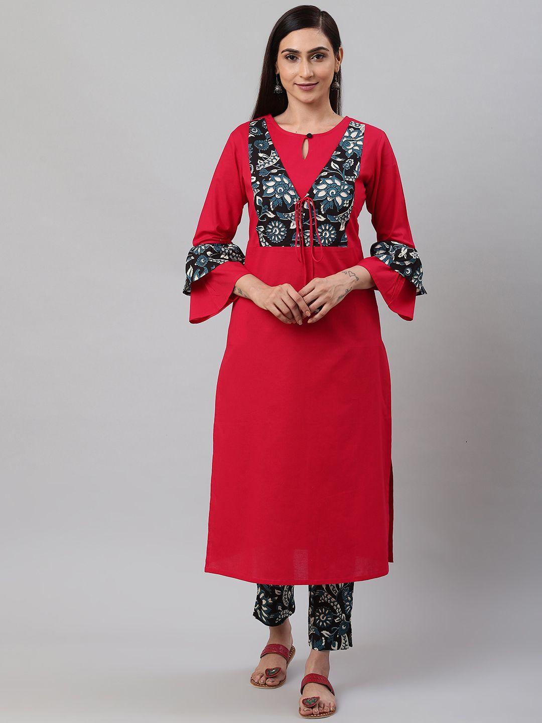 yash gallery women red & black printed yoke design kurta with trousers