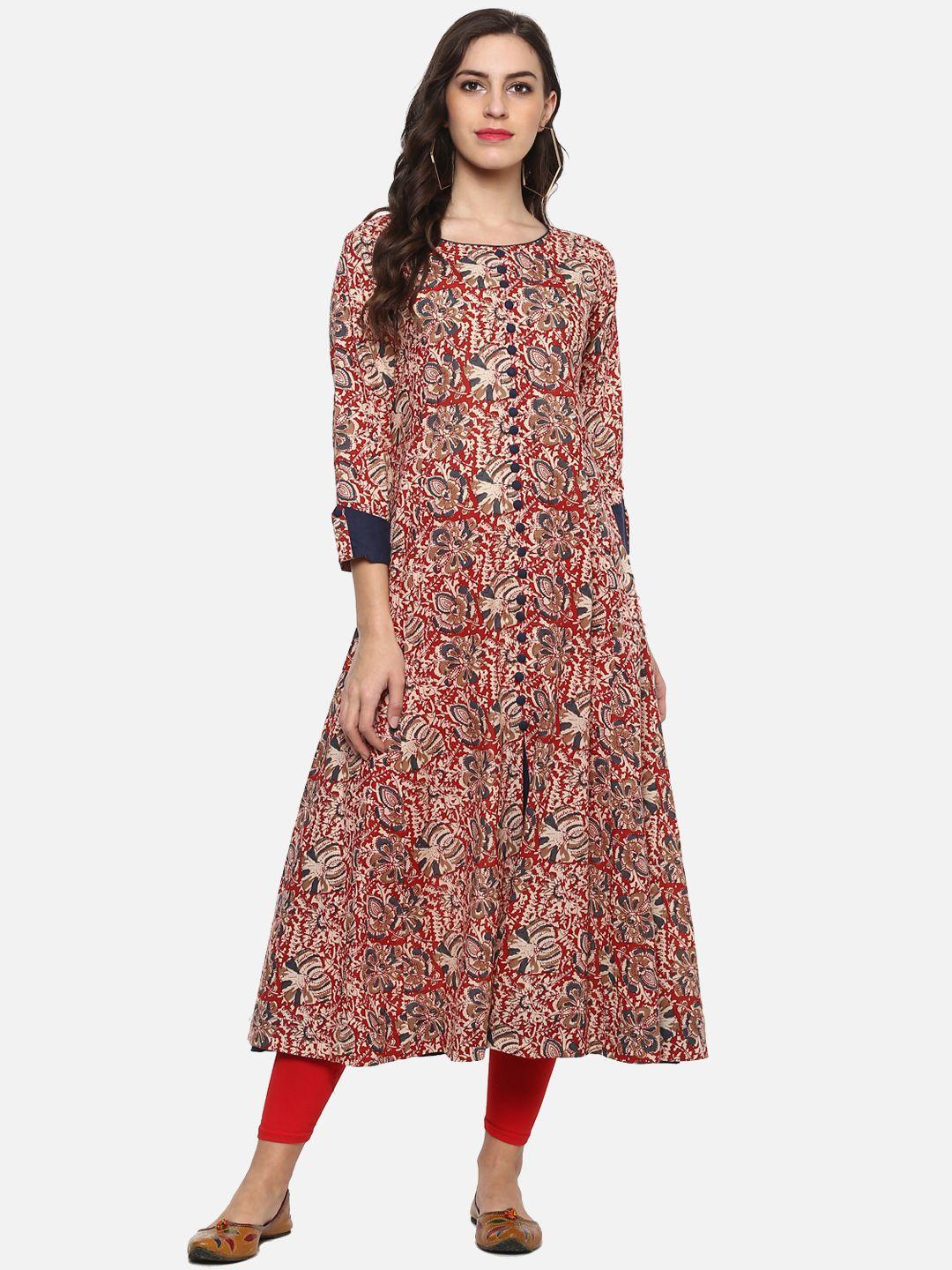 yash gallery women red & blue printed a-line kurta