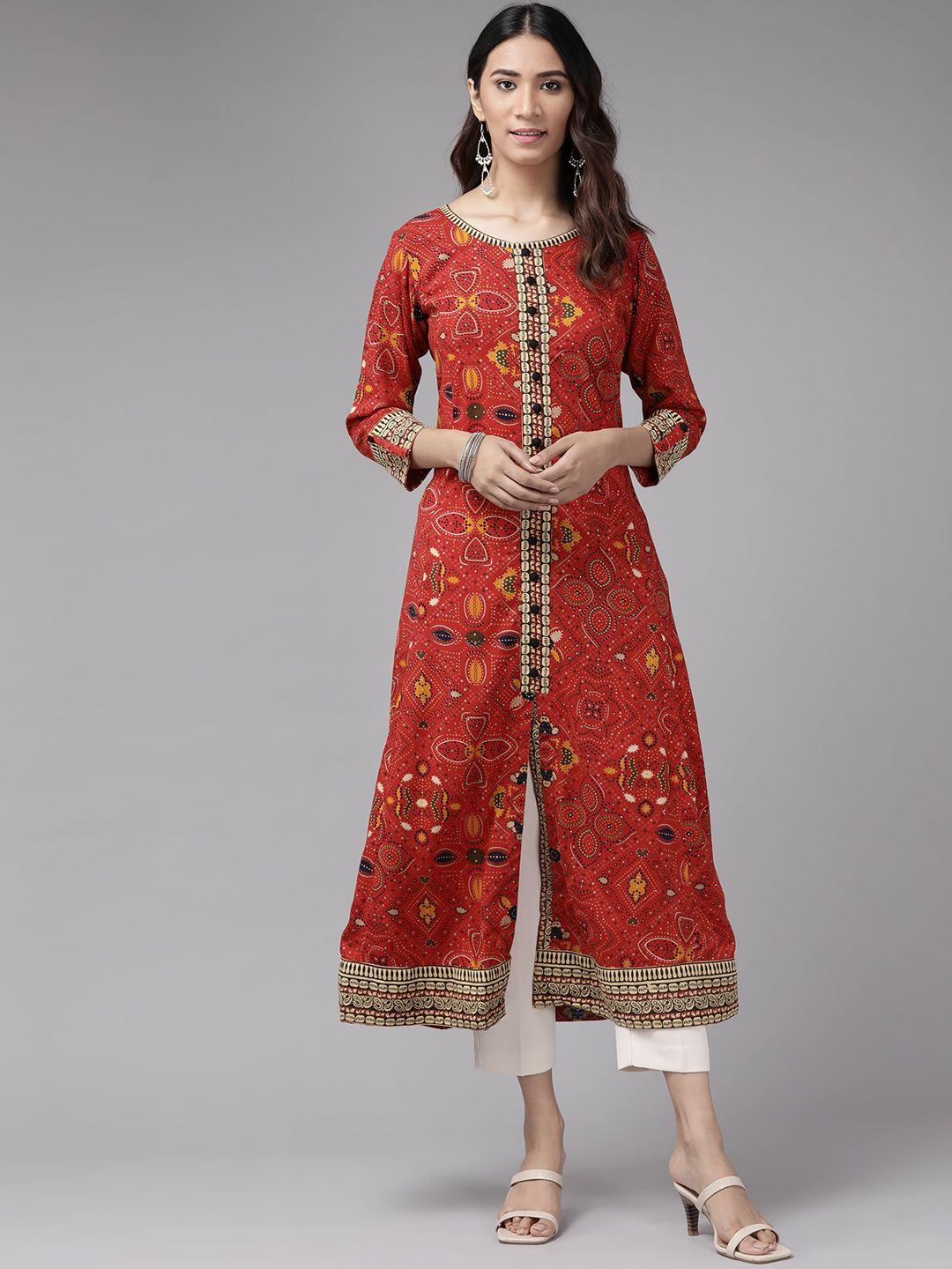 yash gallery women red & green bandhani printed kurta