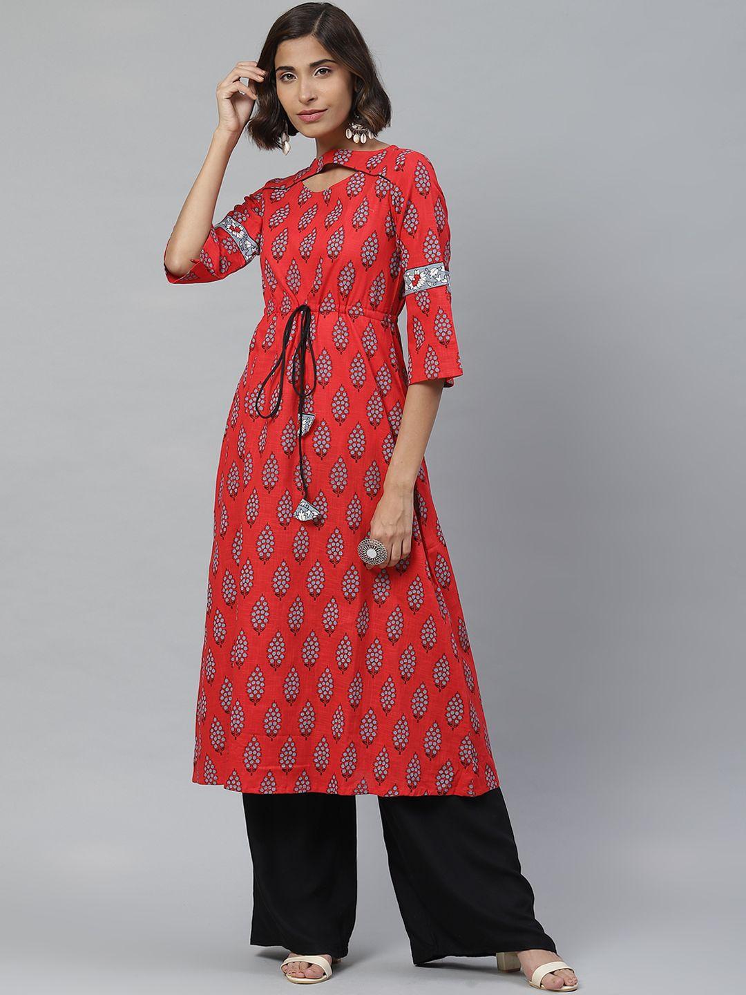 yash gallery women red & grey printed a-line kurta