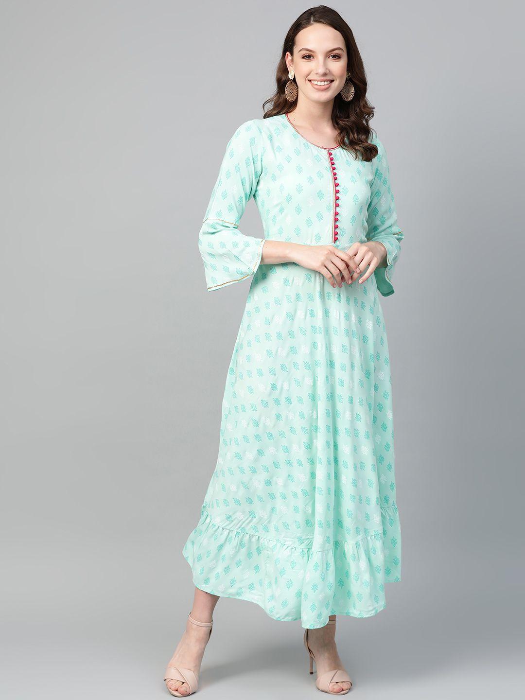 yash gallery women sea green printed maxi dress