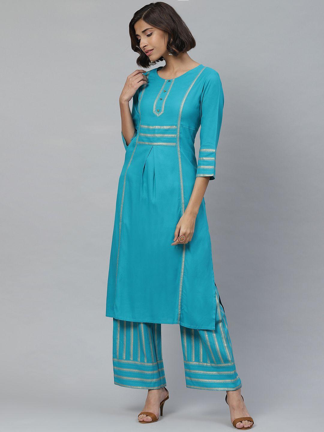 yash gallery women turquoise blue & golden striped kurta with palazzos