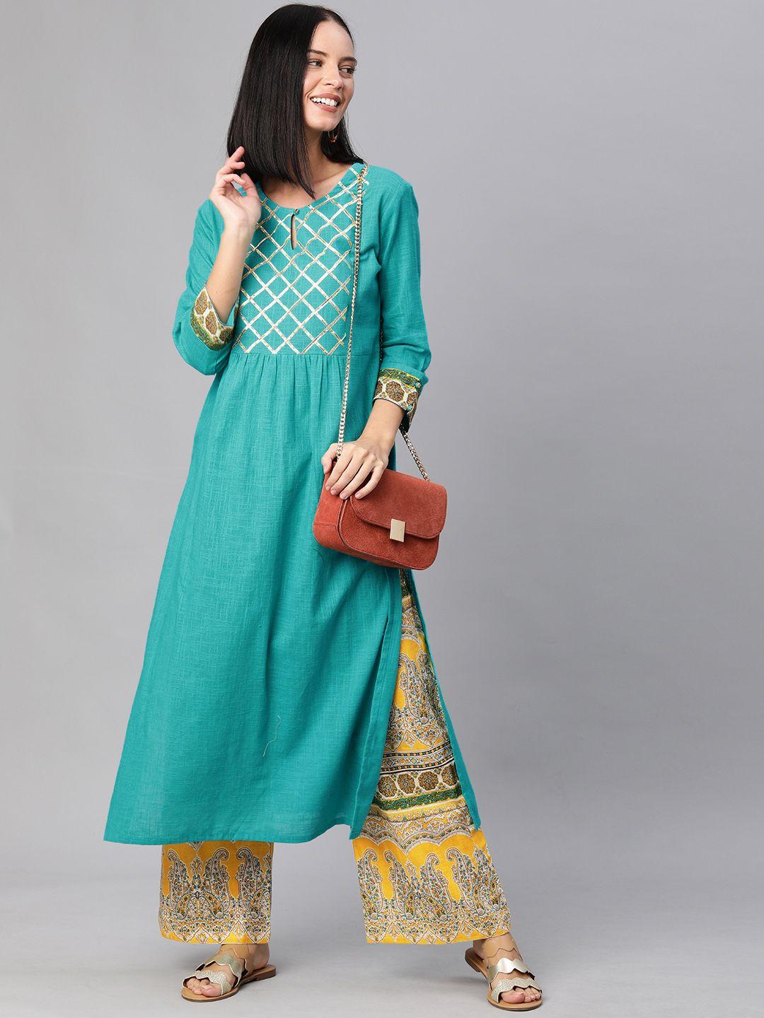 yash gallery women turquoise blue & mustard yellow yoke design kurta with palazzos
