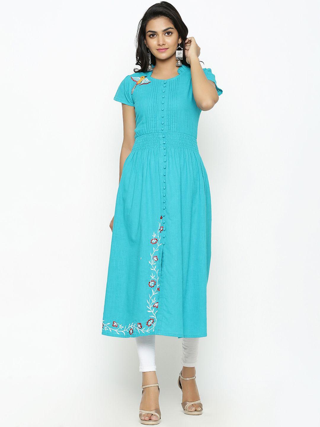 yash gallery women turquoise blue embroidered detail a-line kurta