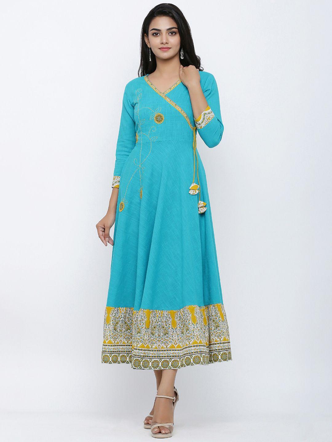 yash gallery women turquoise blue printed a-line kurta