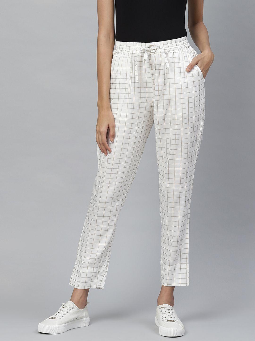 yash gallery women white & golden checked  regular fit trousers