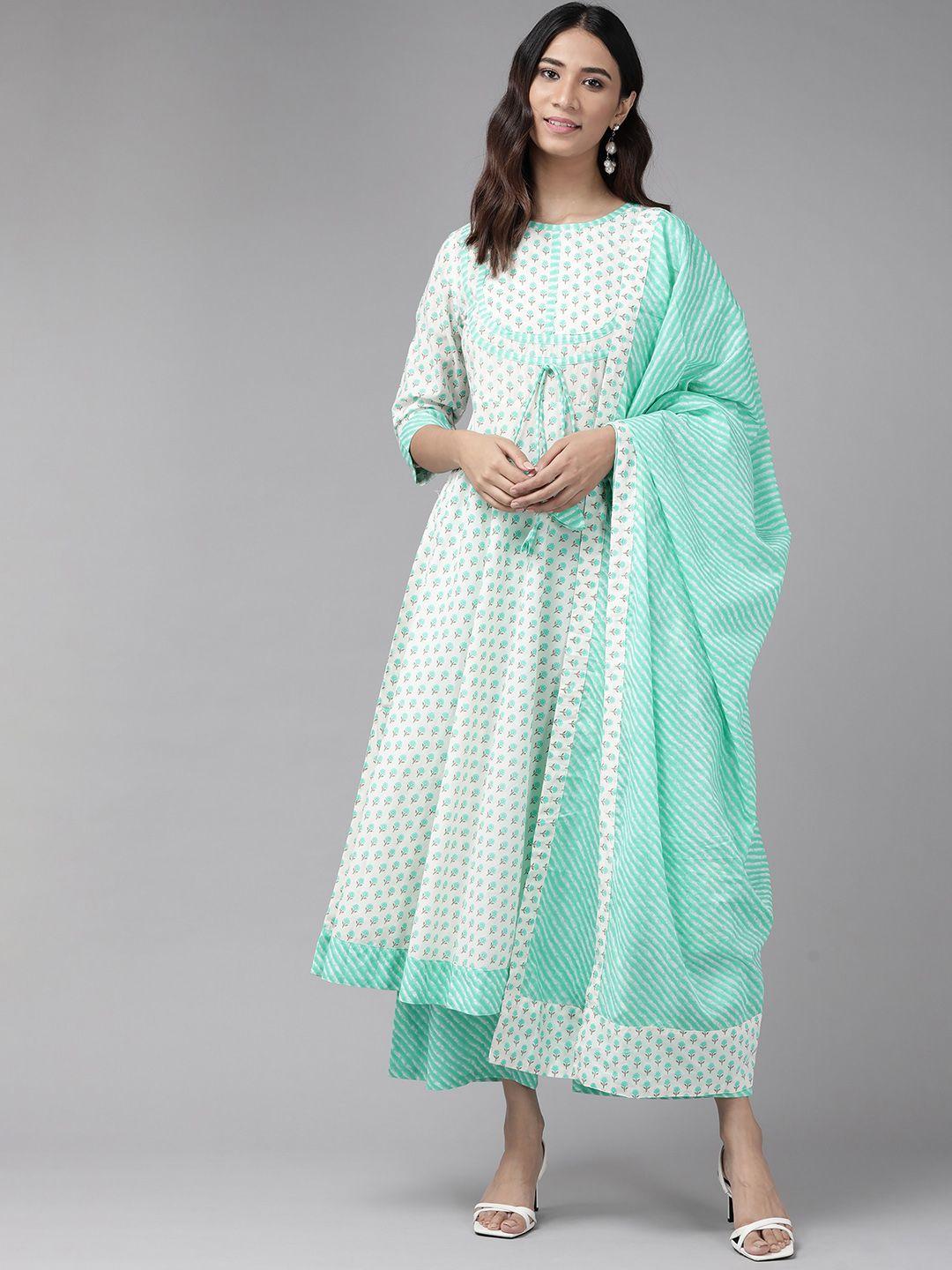 yash gallery women white & green ethnic motifs printed kurta with palazzos & with dupatta