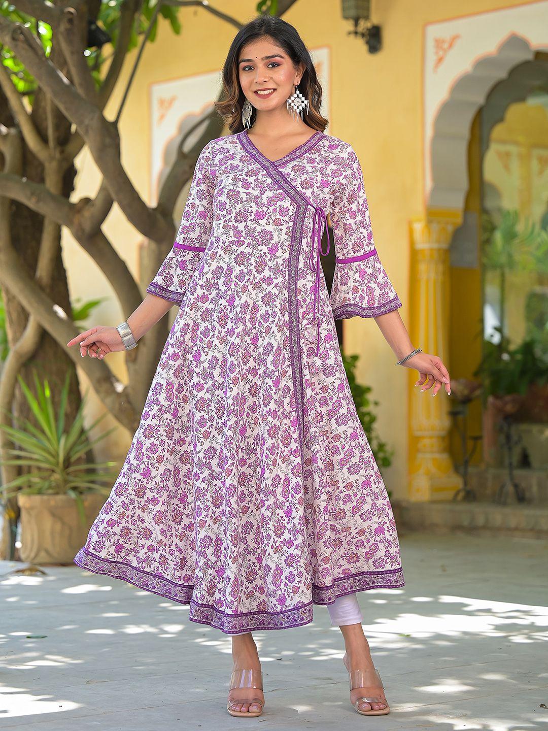 yash gallery women white & violet floral printed bell sleeves floral kurta