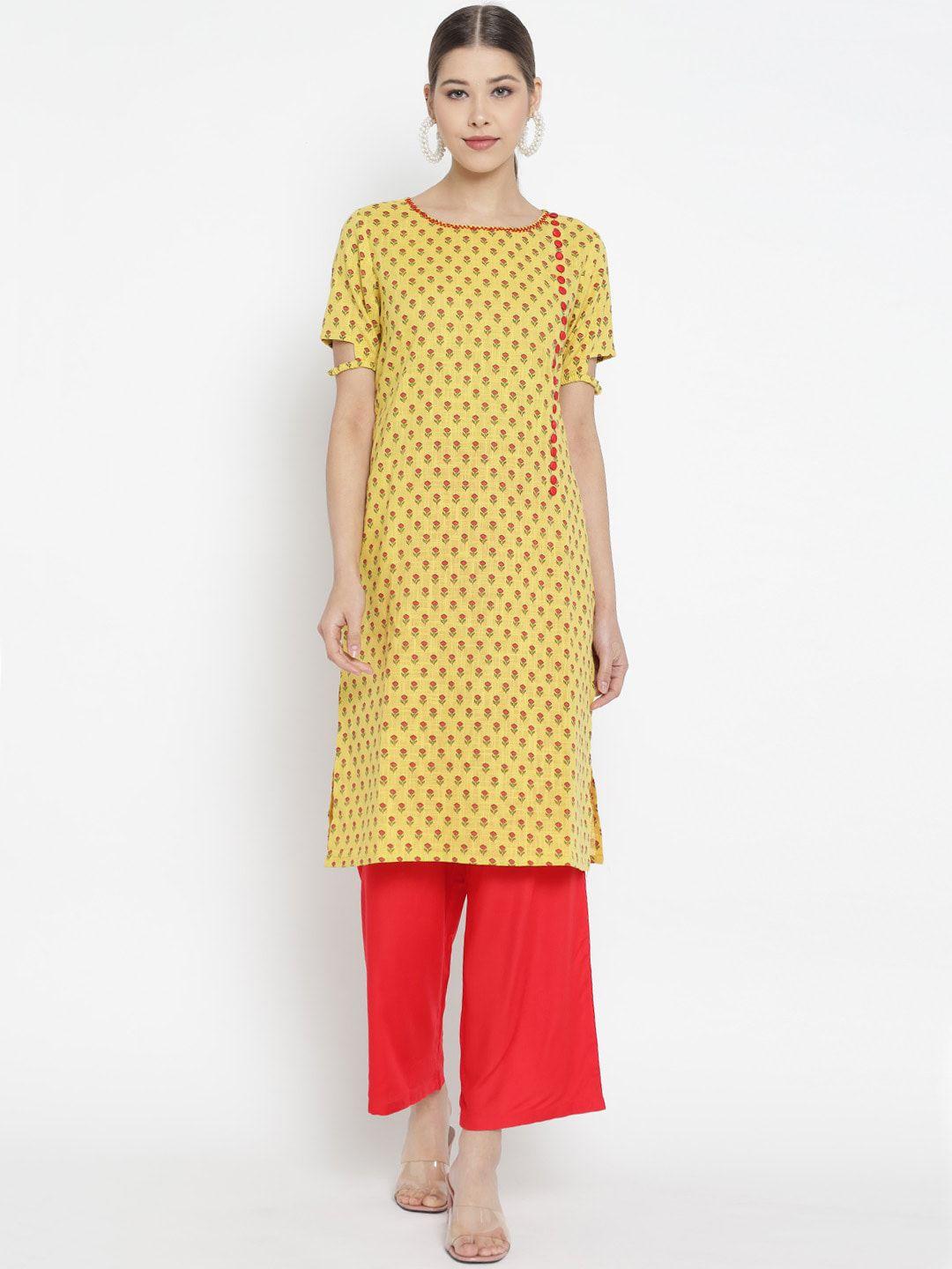 yash gallery women yellow & red ethnic motifs printed kurta with palazzos