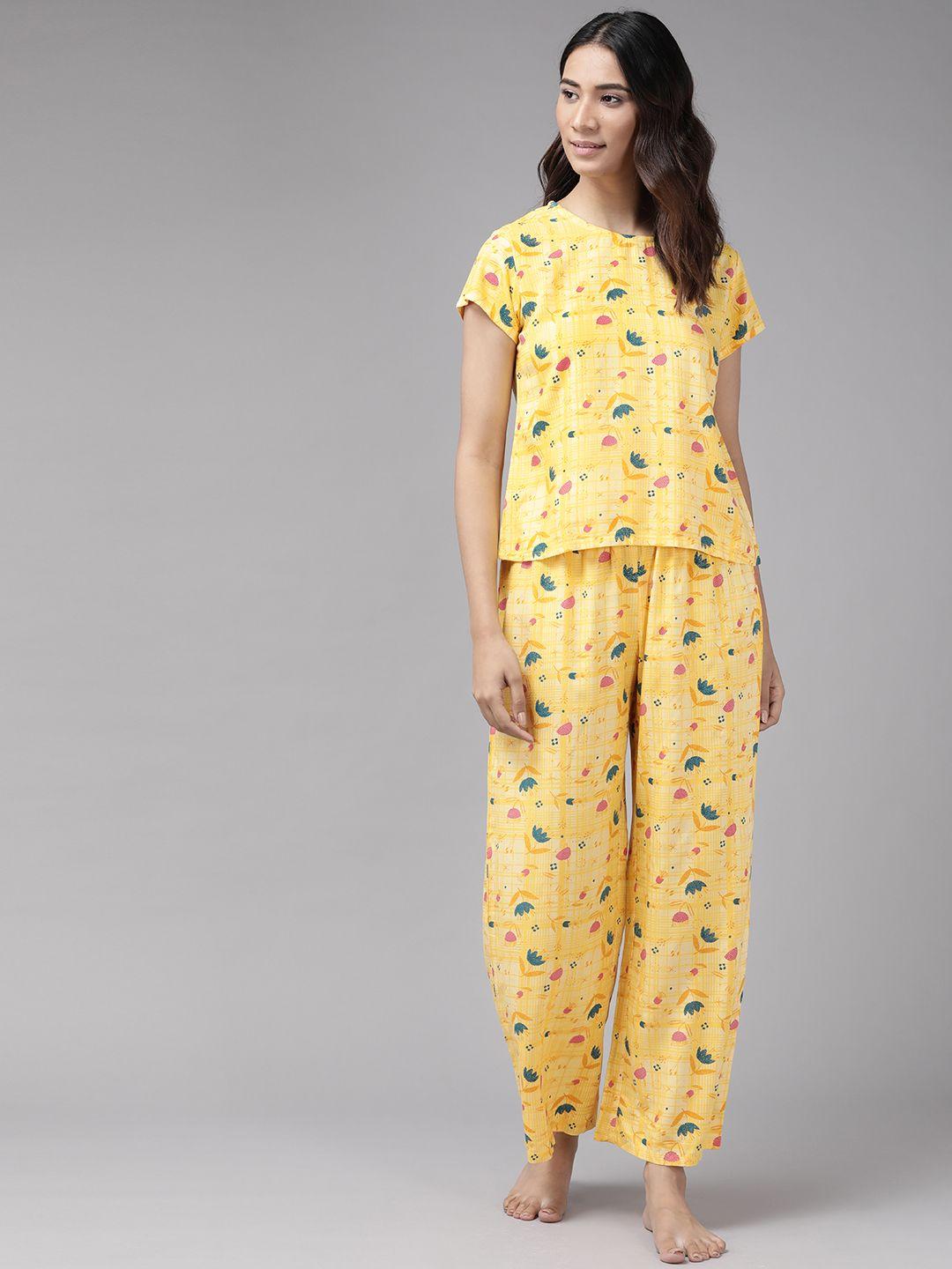 yash gallery women yellow & red printed pyjamas set