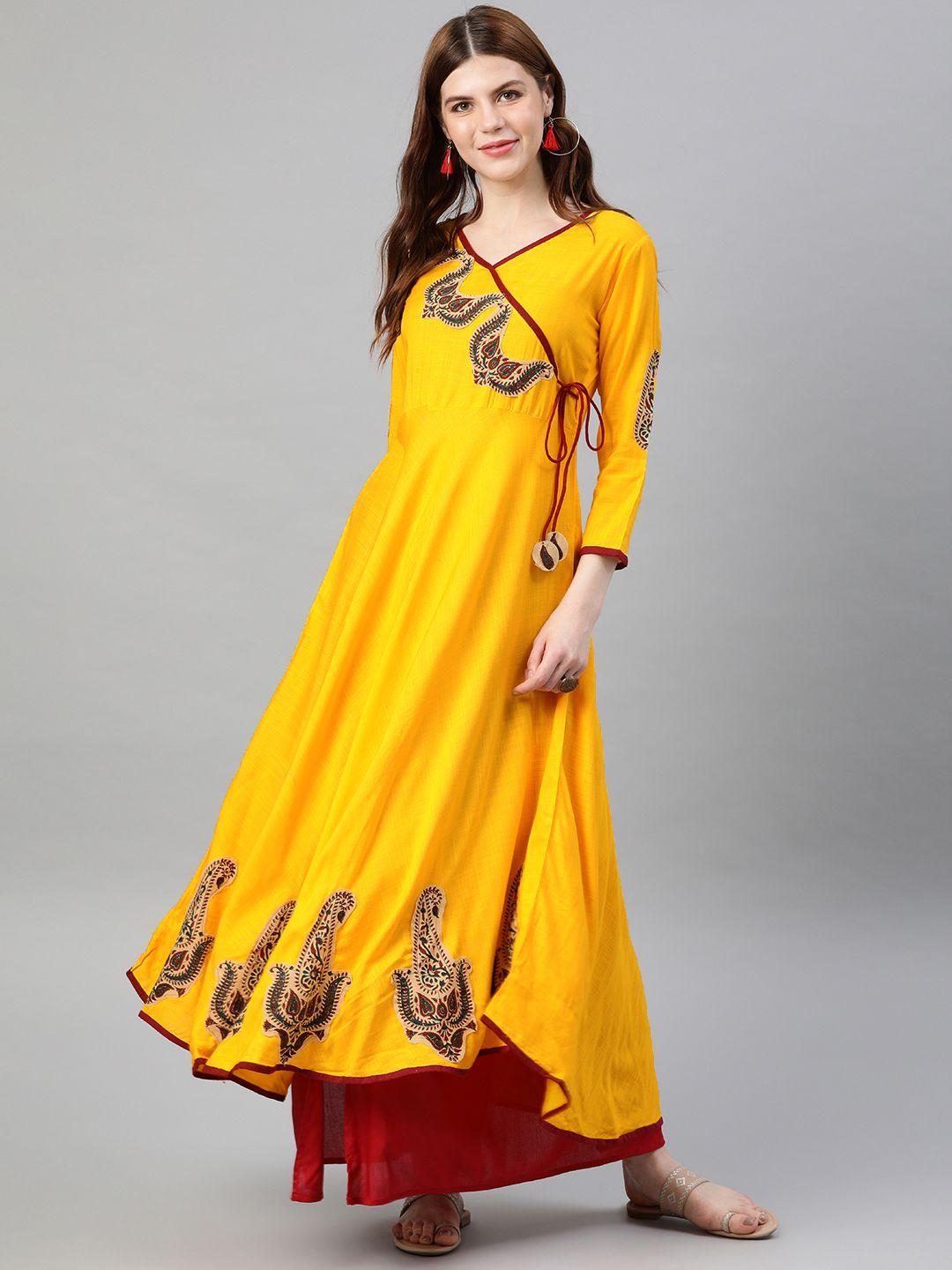 yash gallery women yellow solid angrakha anarkali kurta with patchwork detailing