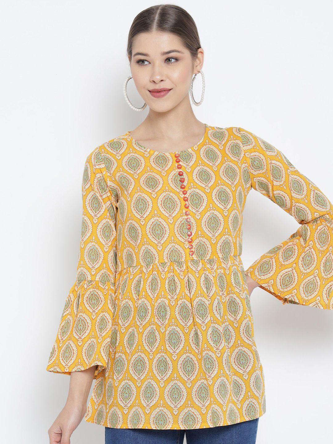 yash gallery yellow & green ethnic motifs printed longline a-line top