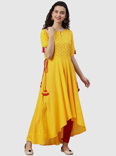 yash gallery yellow embroidered high low kurta