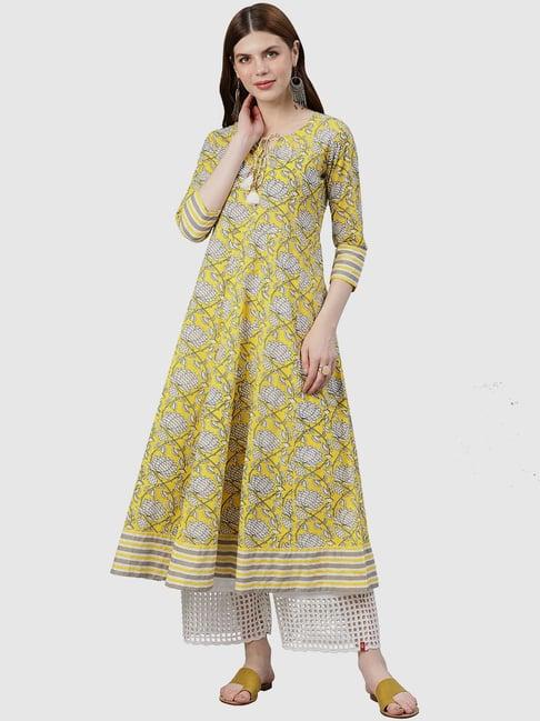 yash gallery yellow floral print a line kurta