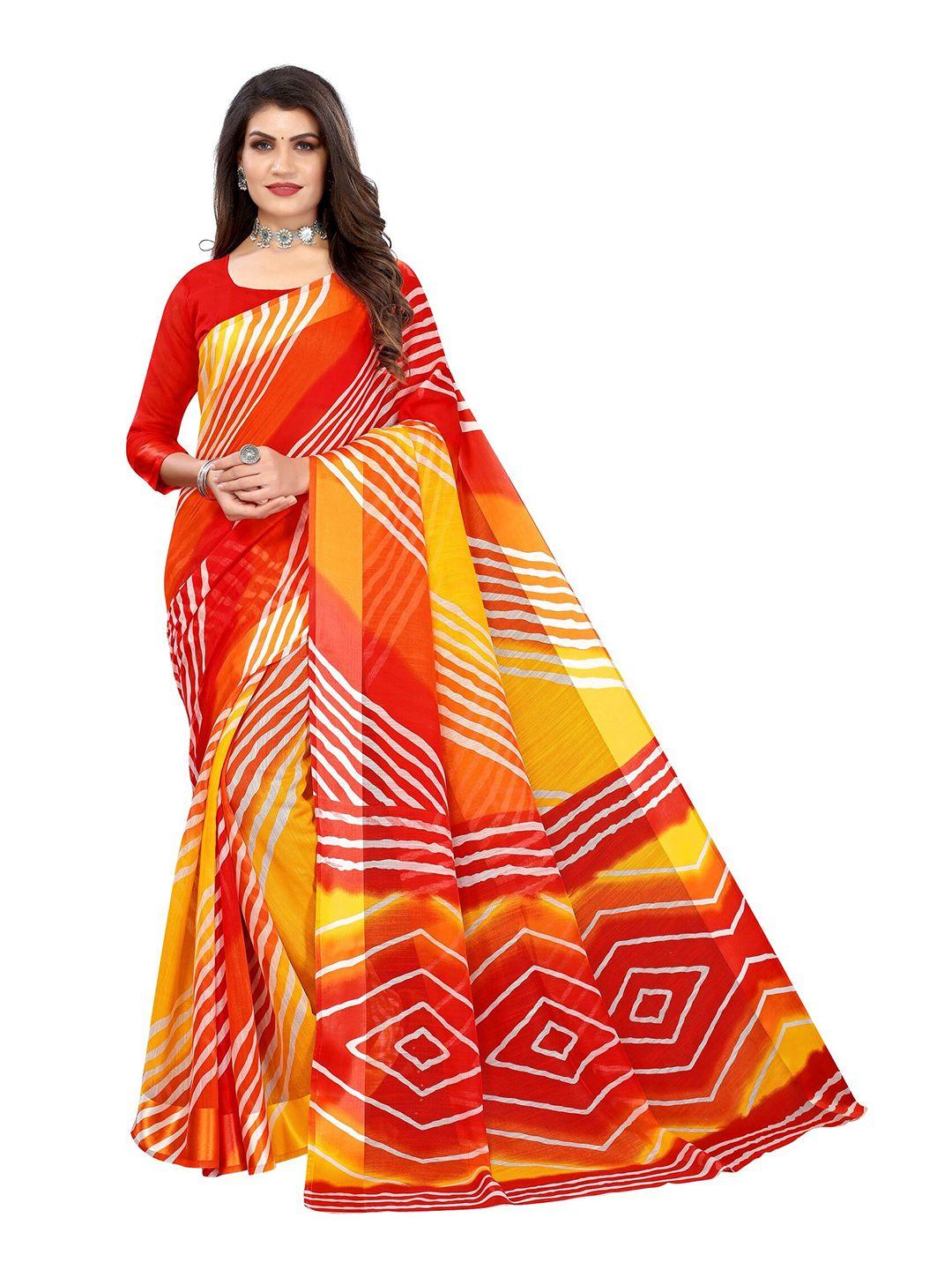 yashika red & orange striped zari silk blend saree