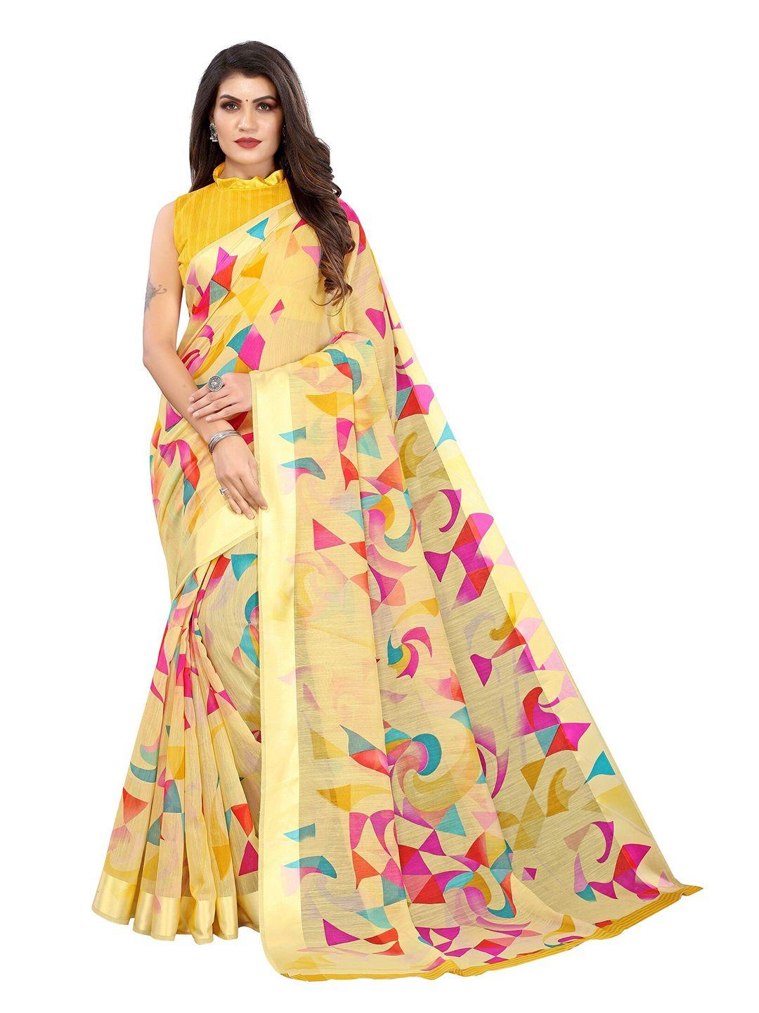 yashika yellow & pink printed cotton silk saree