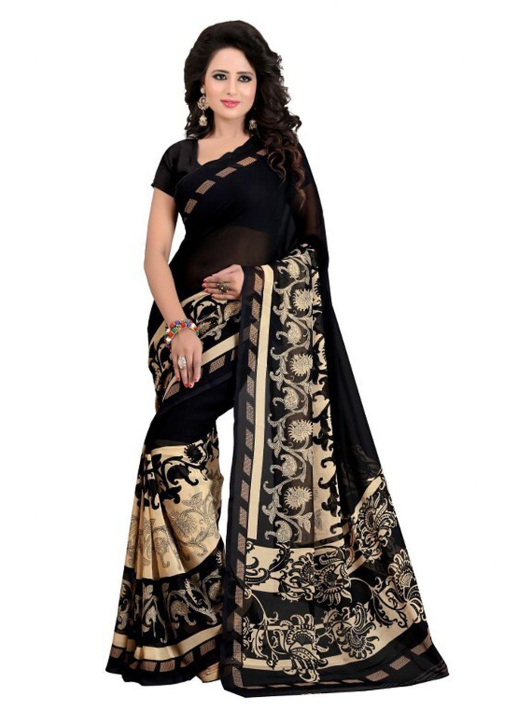 yashika black & beige floral printed saree