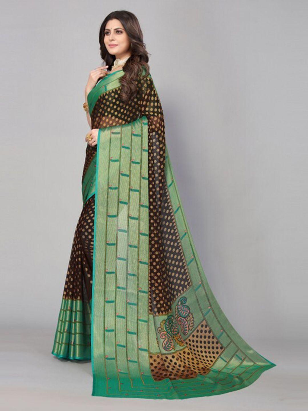 yashika black & green polka dots printed saree