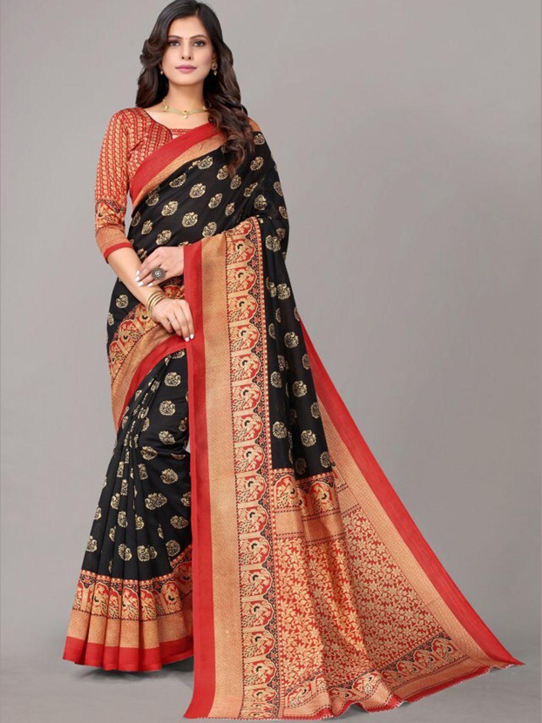 yashika black & red ethnic motifs art silk khadi saree