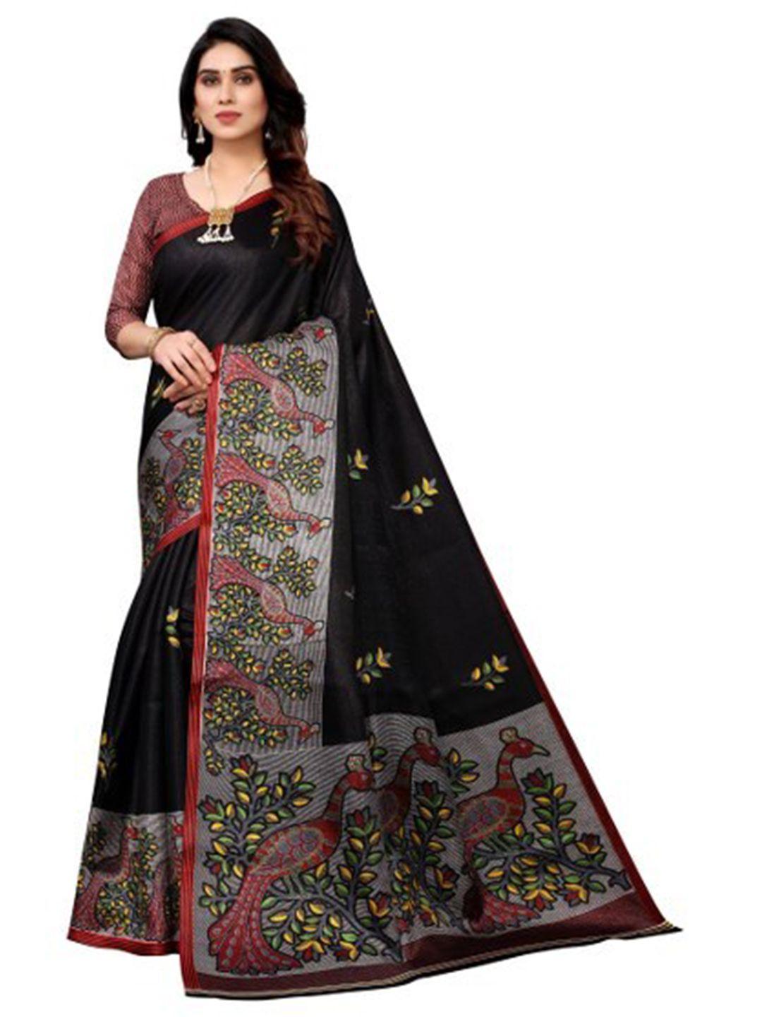 yashika black & red floral art silk saree