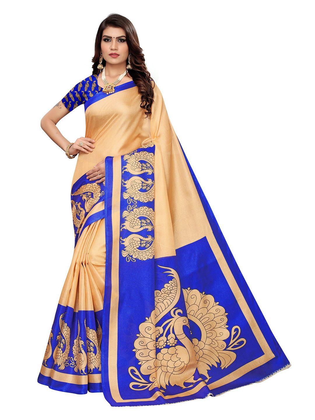 yashika blue & beige ethnic motifs art silk khadi saree