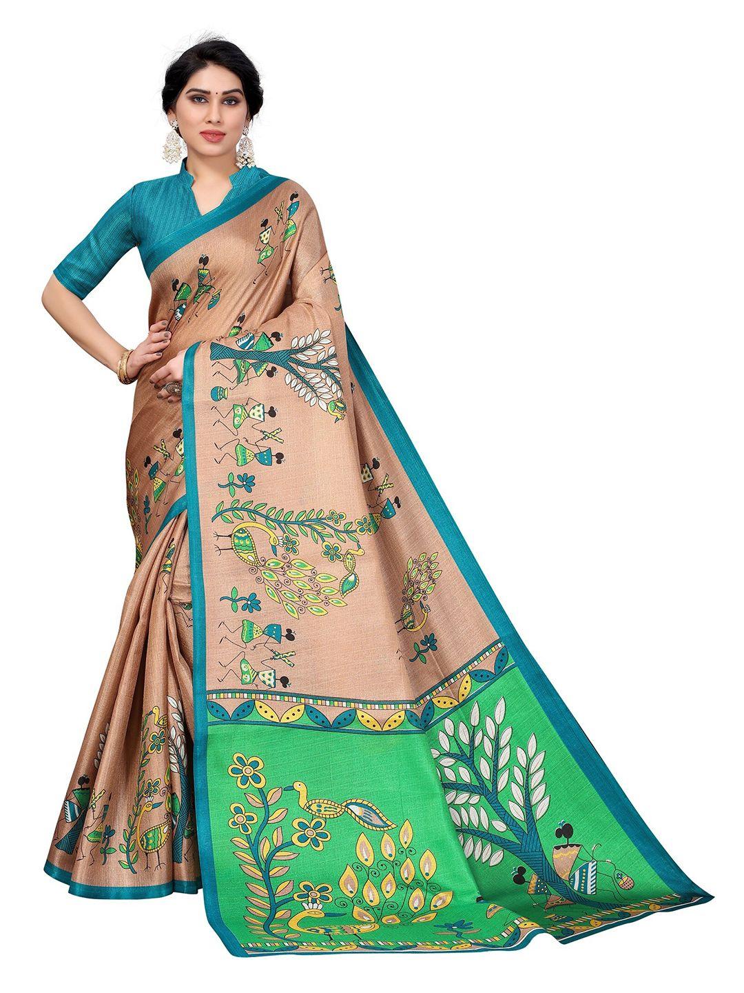 yashika brown & green kalamkari art silk saree