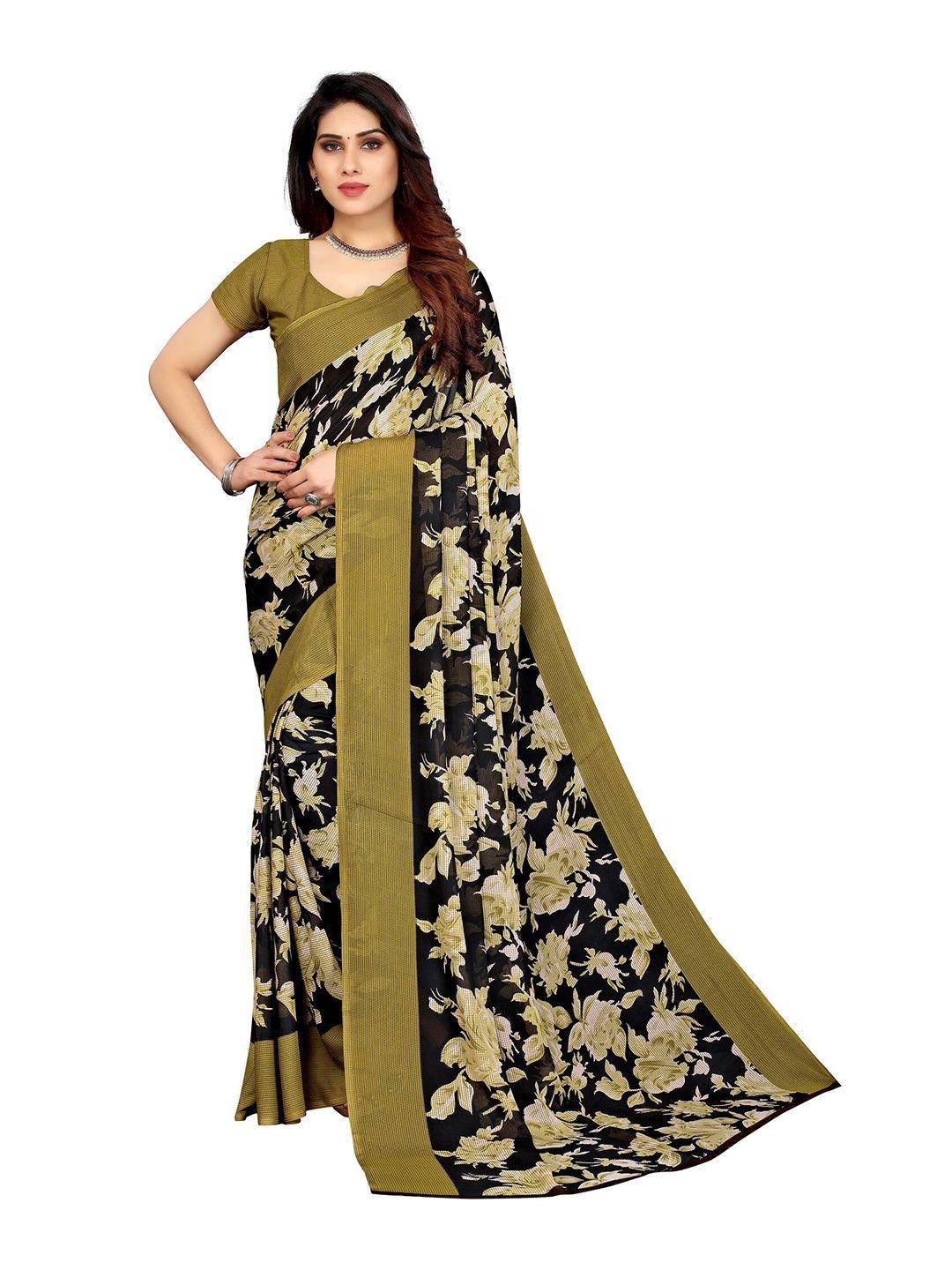 yashika cream-coloured & black printed floral saree