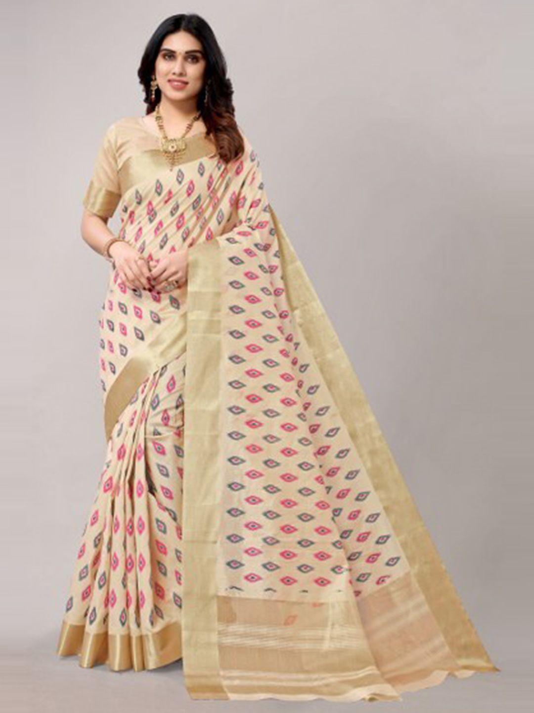 yashika cream-coloured & pink zari saree