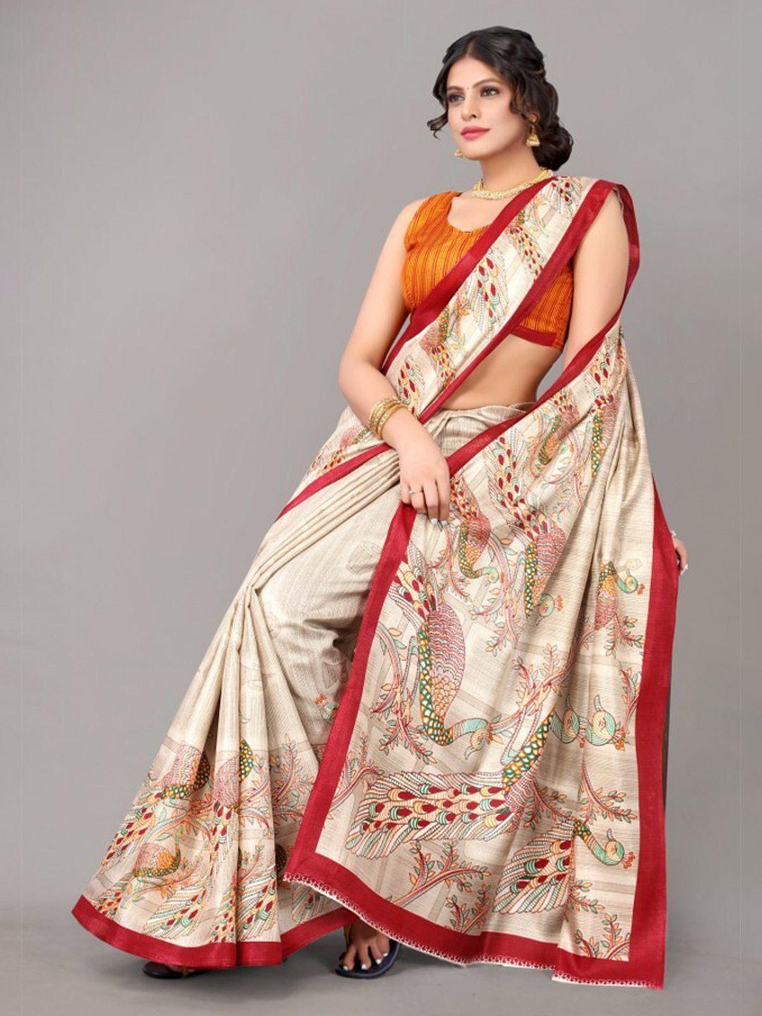 yashika cream-coloured & red ethnic motifs art silk saree