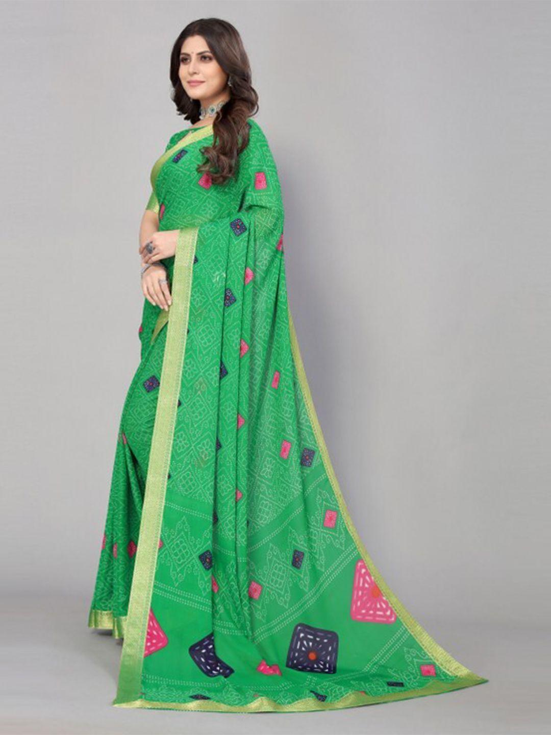 yashika green & blue bandhani printed saree