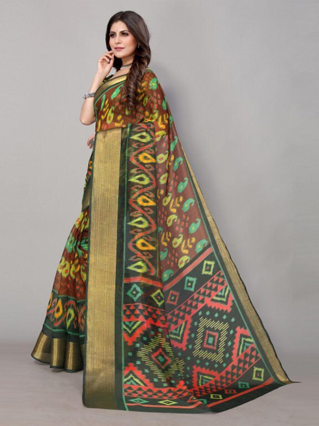 yashika green & red geometric paisley printed zari saree