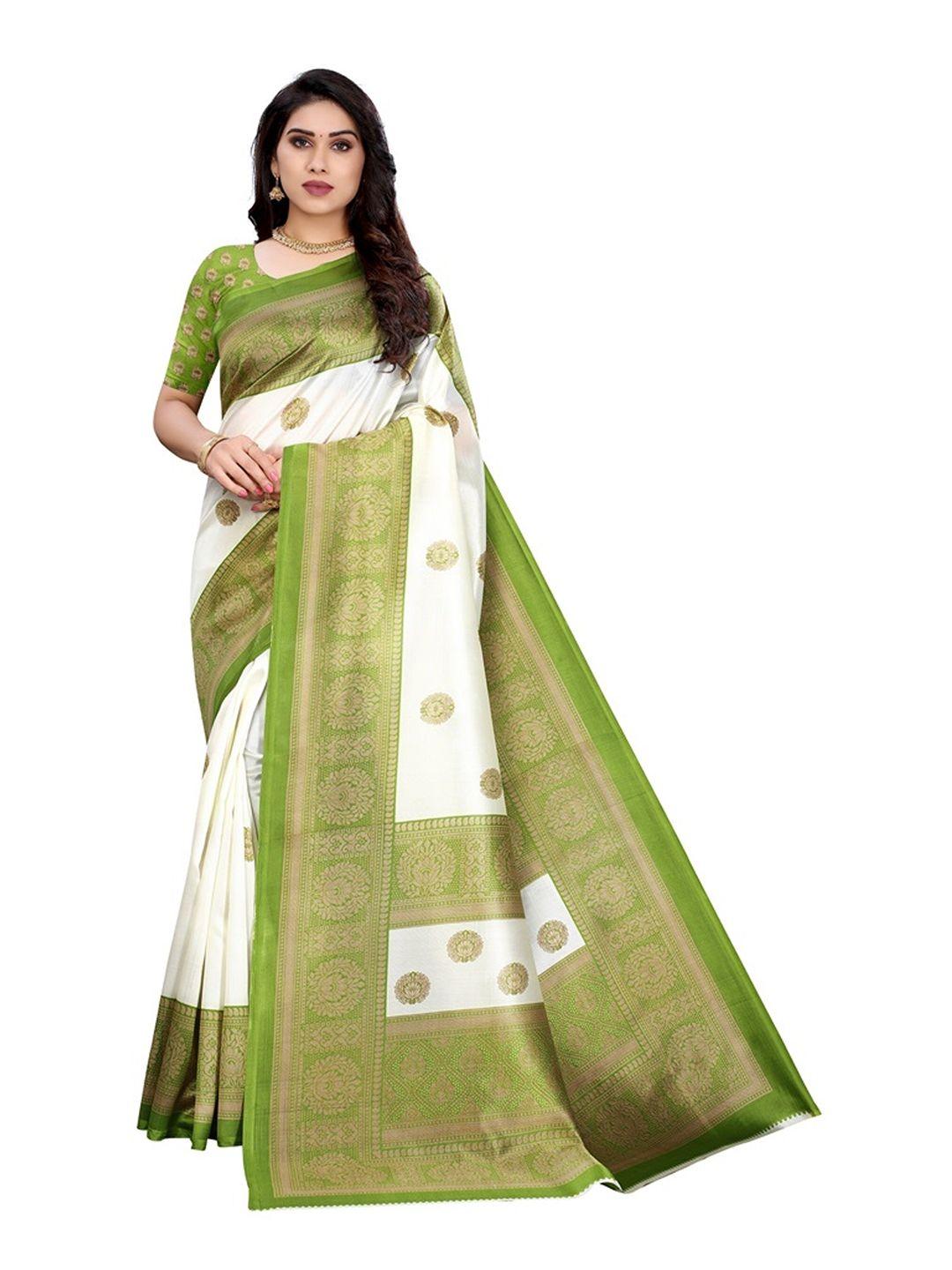 yashika green & white ethnic motifs art silk saree