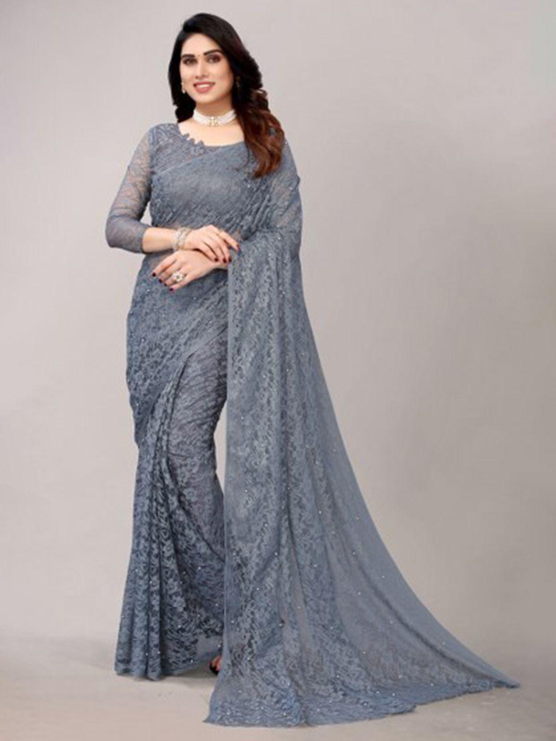 yashika grey floral embroidered net saree