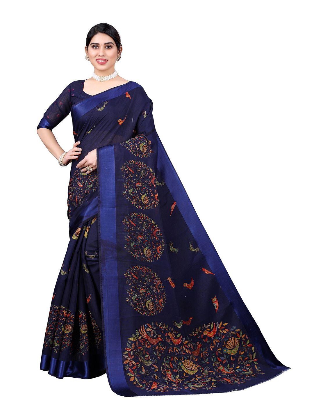 yashika navy blue & orange floral silk blend saree