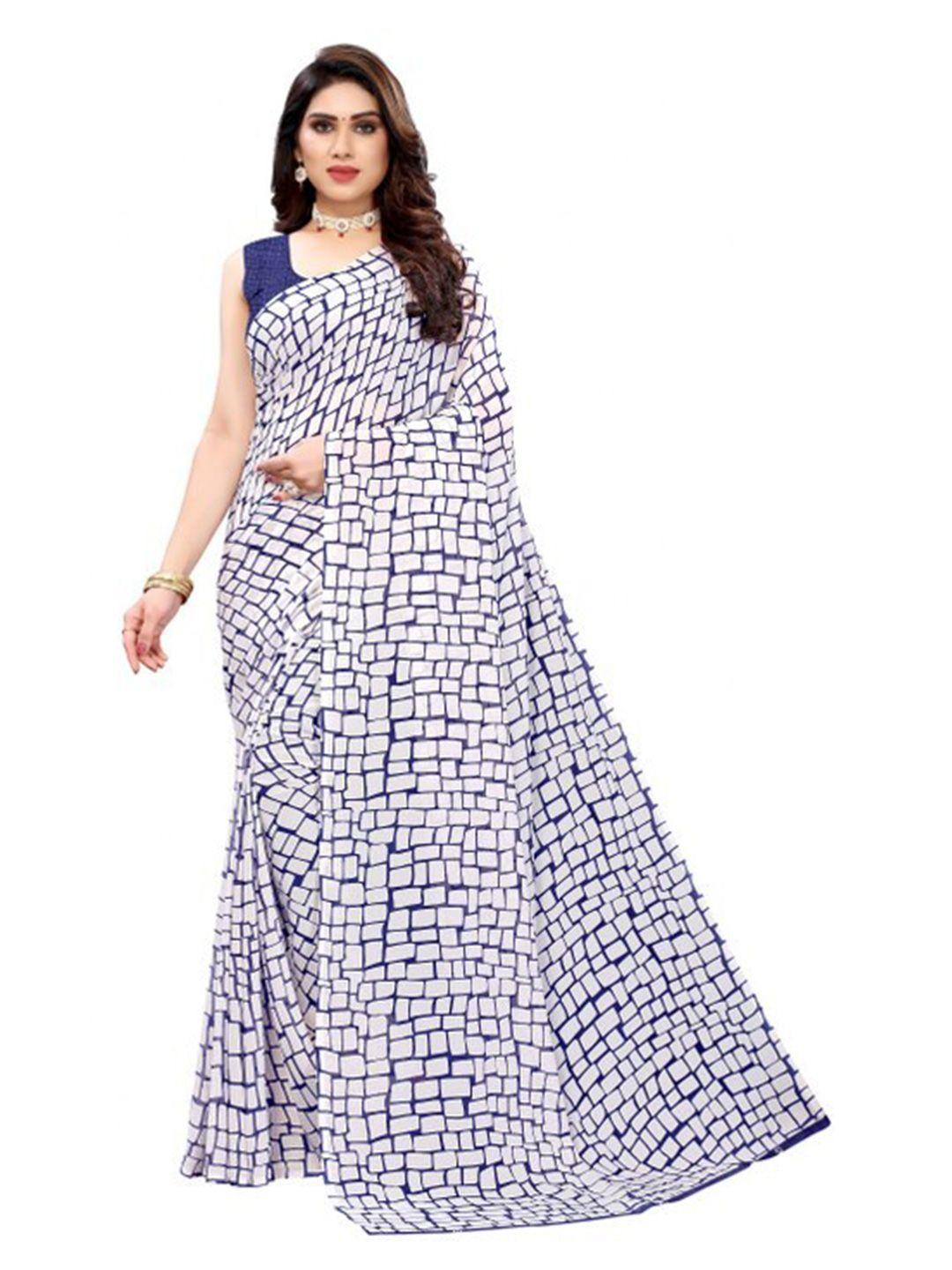 yashika navy blue & white geometric printed saree