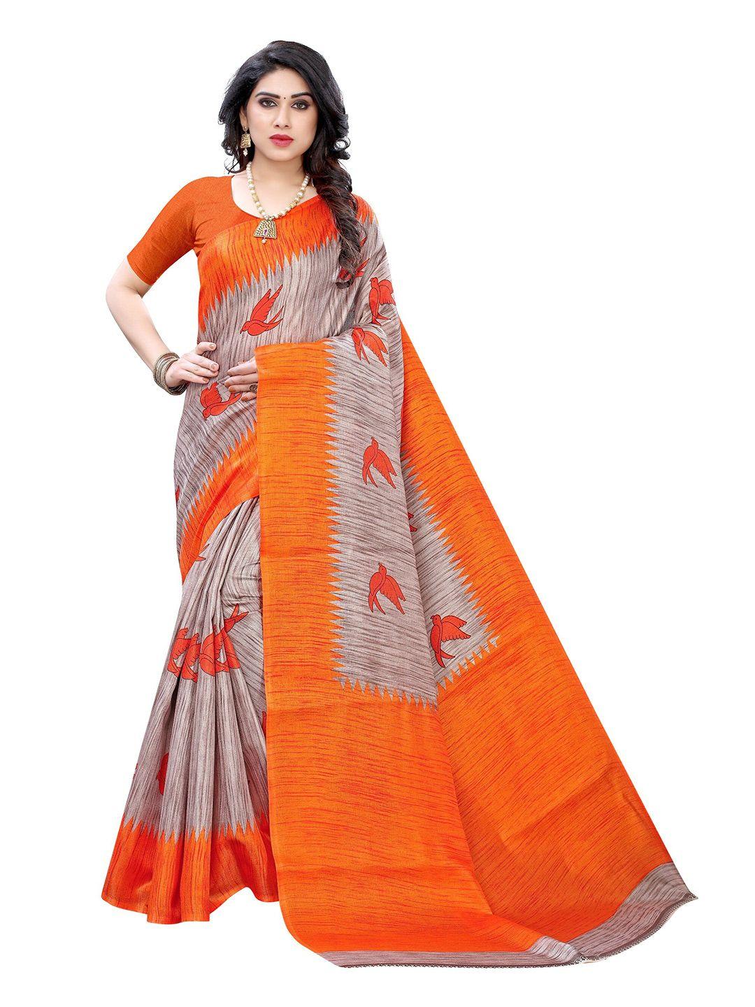 yashika orange & grey ethnic motifs art silk khadi saree