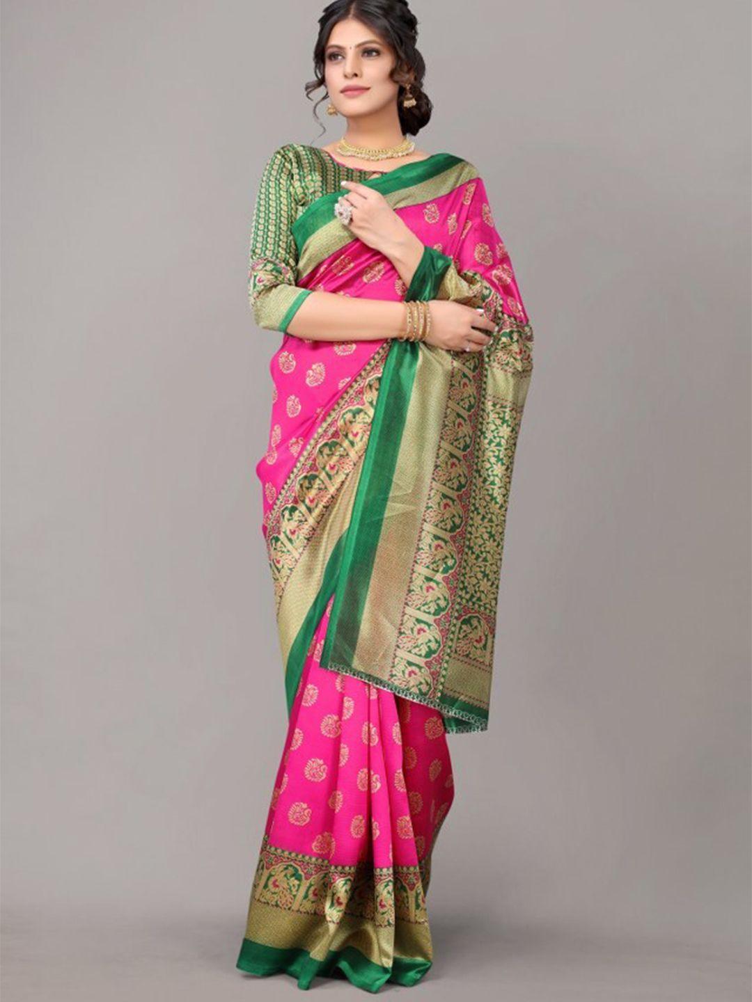 yashika pink & green ethnic motifs art silk khadi saree