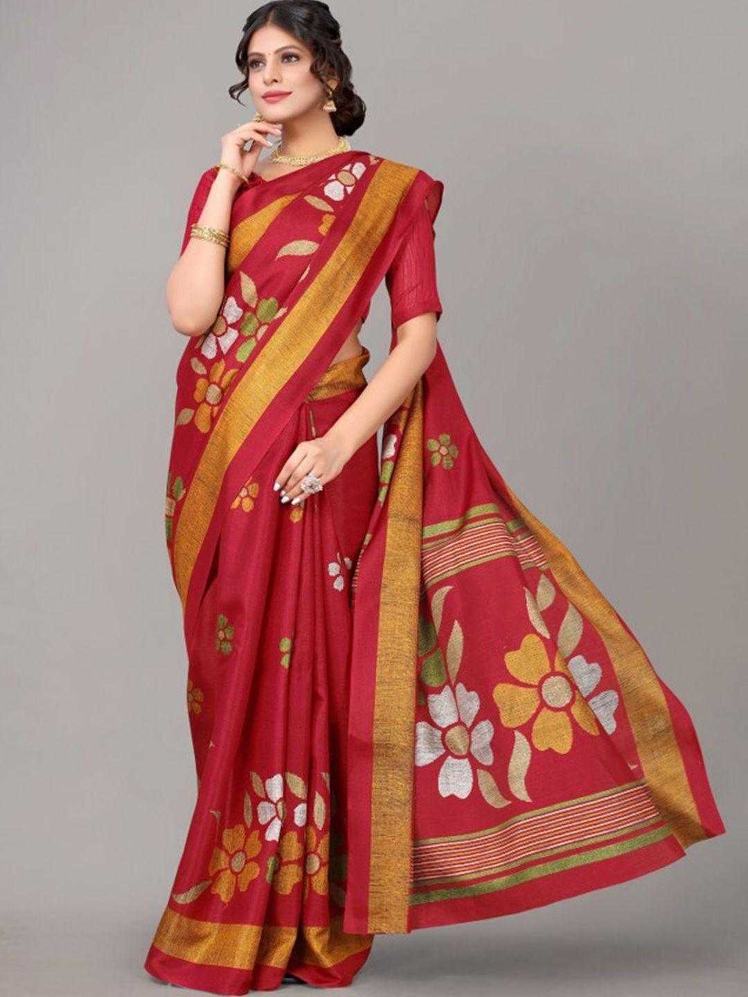 yashika red & white floral art silk khadi saree