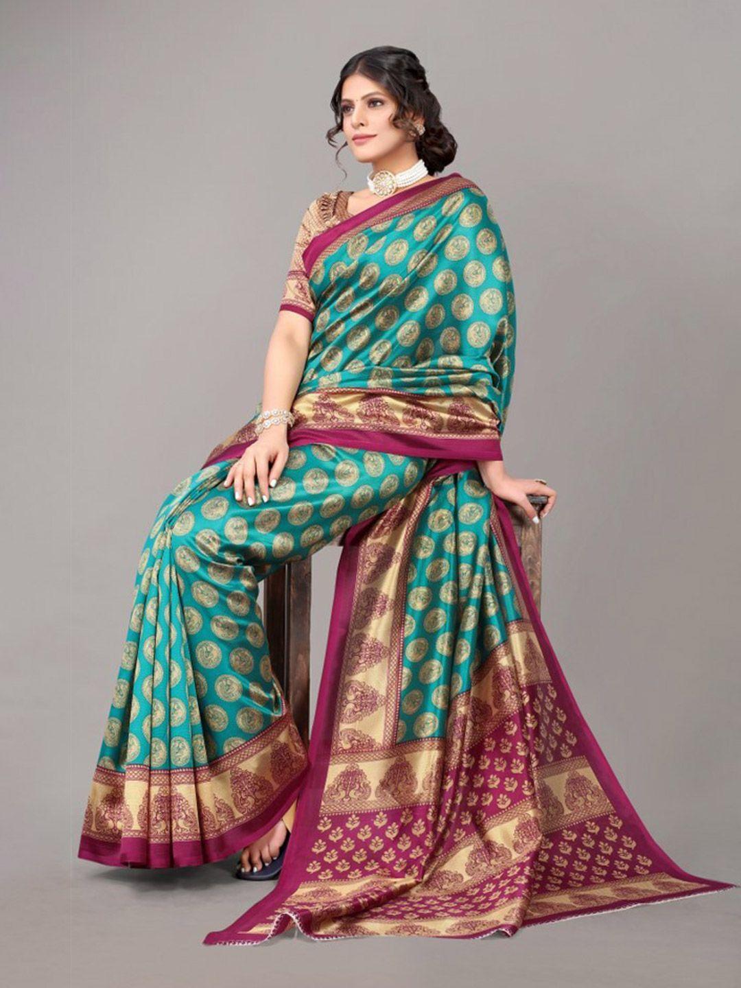 yashika teal & gold-toned ethnic motifs art silk khadi saree