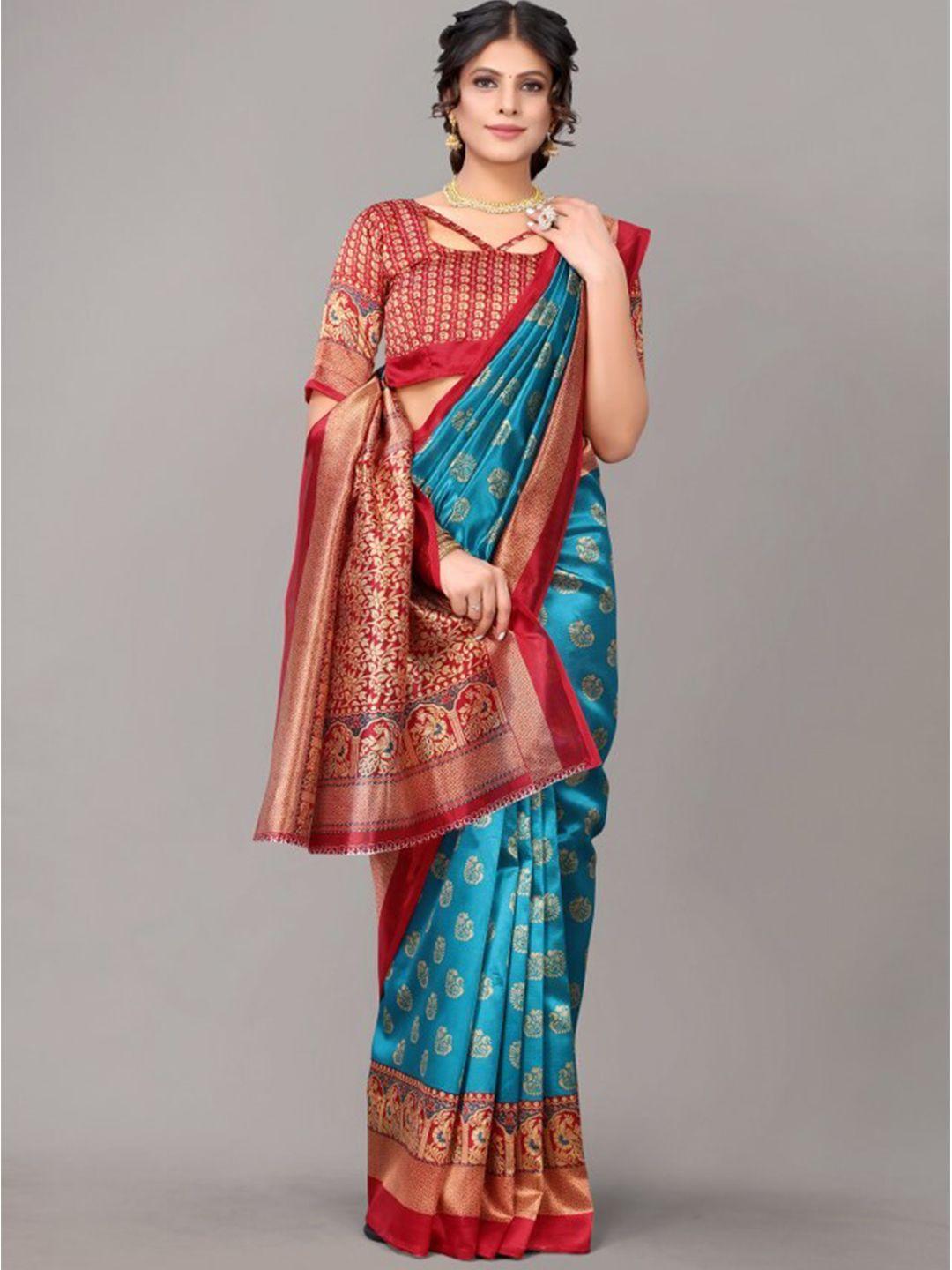 yashika teal & maroon ethnic motifs art silk khadi saree