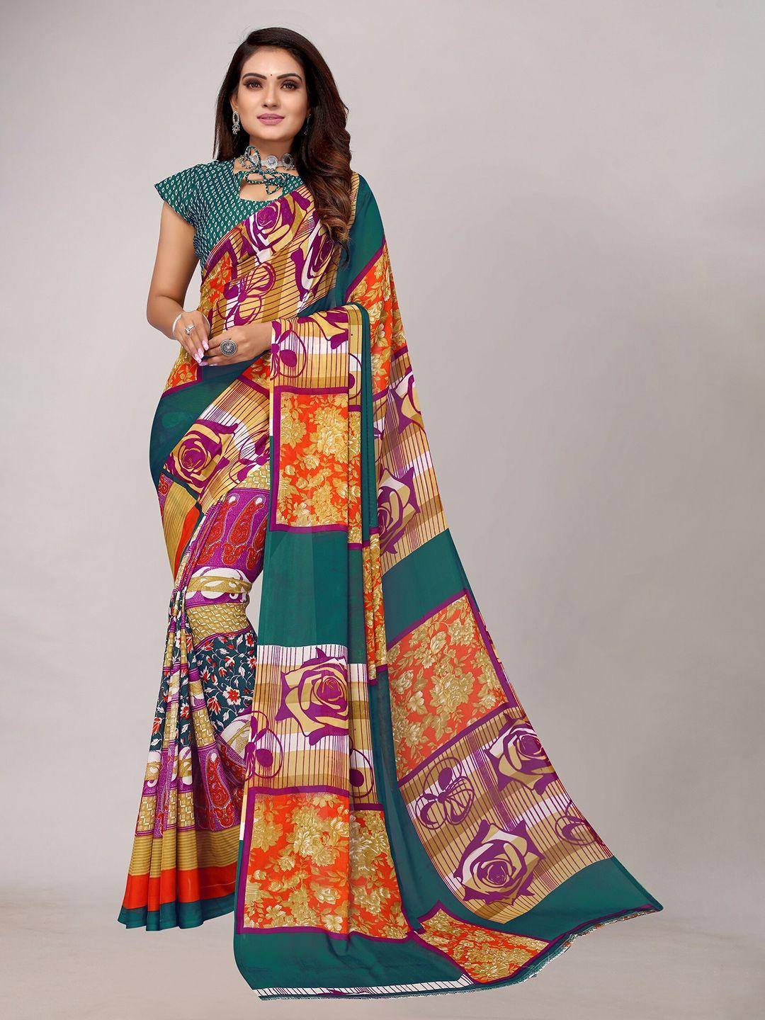 yashika teal & pink floral saree