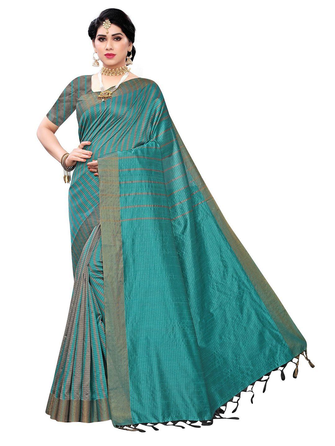 yashika teal blue & gold-toned striped zari silk cotton ilkal saree