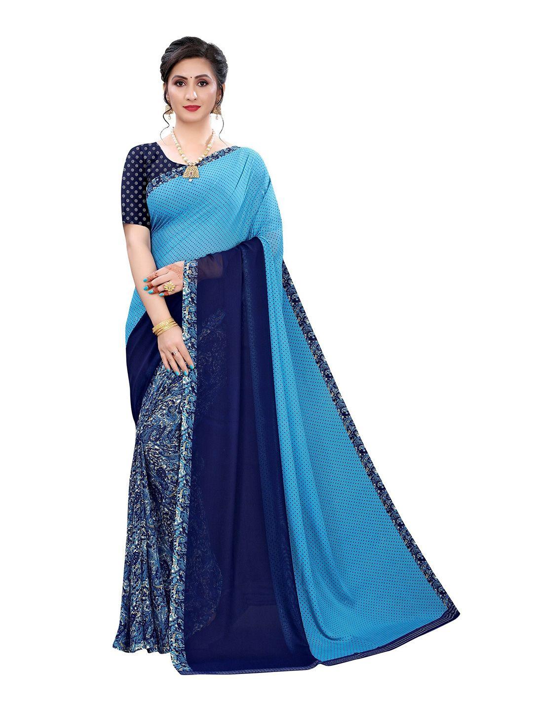 yashika turquoise blue & navy blue abstract printed half and half saree