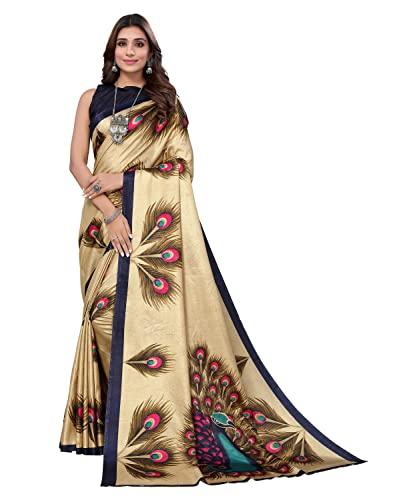 yashika women's art silk kalamkari bhagalpuri and kashmiri style soft saree with blouse piece (golden peacock_y)